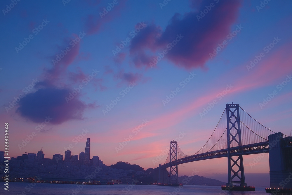 Obraz premium San francisco skyline and bay bridge emerging in the pink and purple dawn