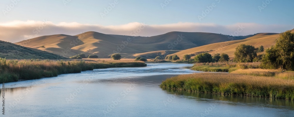 Scenic landscape displays rolling hills with a winding river through grassy fields Scenic landscape displays rolling hills with a winding river through grassy fields