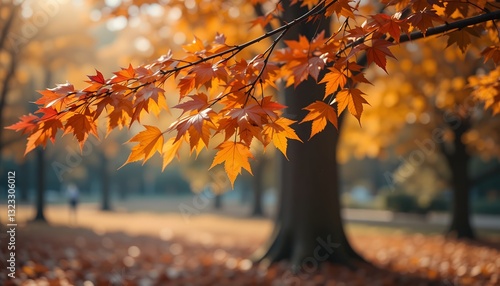 Cuadro en lienzo Autumnal symphony: Golden maple leaves in a tranquil park landscape