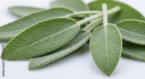 Sage leaves, soft and silvery green with a slightly fuzzy texture, isolated on white