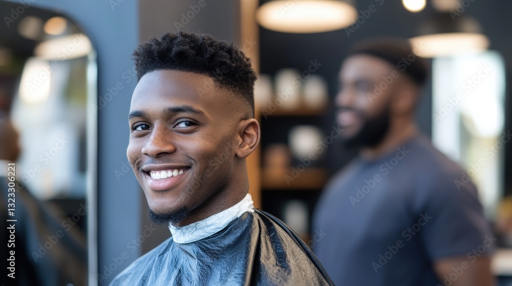 Young man admires his fresh haircut in mirror, radiating confidence and style in barbershop setting. National Black Barber Shop Appreciation Day Young man admires his fresh haircut in mirror, radiating confidence and style in barbershop setting. National Black Barber Shop Appreciation Day