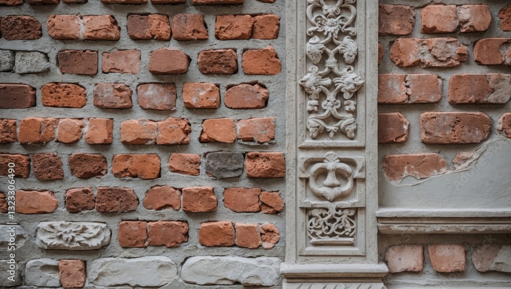 Textured brick wall with reddish-brown bricks, detailed stone carvings in grey, smooth cement, and plaster accents, creating a vintage aesthetic. Textured brick wall with reddish-brown bricks, detailed stone carvings in grey, smooth cement, and plaster accents, creating a vintage aesthetic.