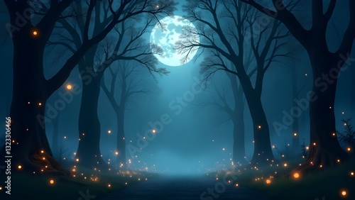 A Moonlit Path Winds Through An Enchanted Forest, Glowing Fireflies Illuminating The Mystical Scene Under A Large Full Moon, Creating An Ethereal Atmosphere