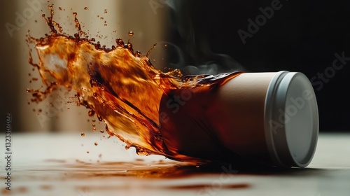 An artistic depiction of a coffee cup toppling over, creating a dramatic splash that highlights the beautiful textures of the liquid, conveying a moment of unexpected excitement.