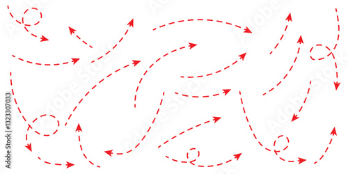 Dashed arrow set. Vector doodle dot line. Dotted hand drawn arrow. Doodle arrows of various shapes and directions.  1176