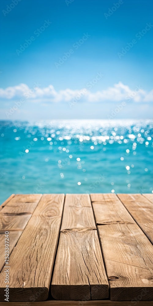 Rustic wooden table mockup with a blurred ocean and sunny sky in the background. Ideal for product display, branding, or summer-themed designs. High-resolution and realistic setting. Rustic wooden table mockup with a blurred ocean and sunny sky in the background. Ideal for product display, branding, or summer-themed designs. High-resolution and realistic setting.
