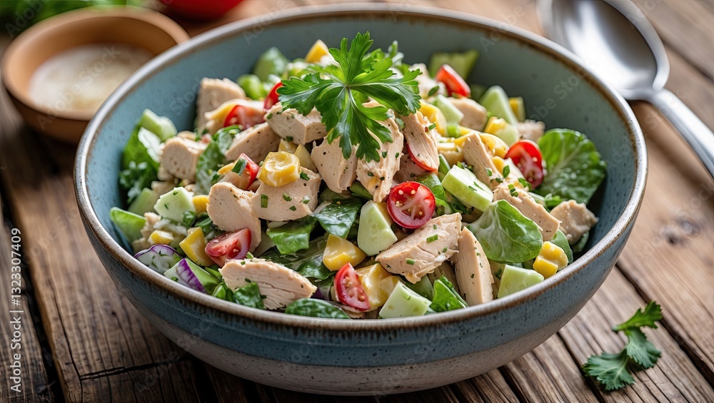 Fresh chicken salad with colorful vegetables in a blue bowl on a rustic wooden table with copy space for text, garnished with parsley. Fresh chicken salad with colorful vegetables in a blue bowl on a rustic wooden table with copy space for text, garnished with parsley.