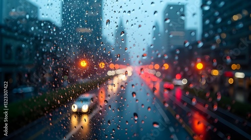 A Rainy City Night Viewed Through A Rain-streaked Window, Blurring The Vibrant Lights And Traffic Into A Dreamy, Melancholic Scene