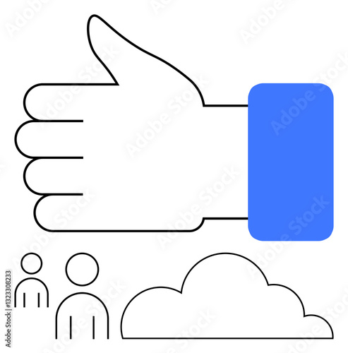 Thumbs-up gesture with blue accent, abstract figures, and cloud. Ideal for communication, approval, teamwork, networking, success, positivity digital collaboration and flat simple metaphor