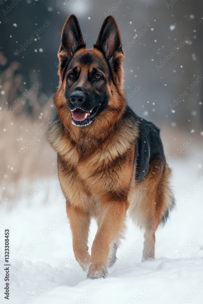 German Shepherd dog in snowy landscape engaged in police duty during winter months. National Purebred Dog Day German Shepherd dog in snowy landscape engaged in police duty during winter months. National Purebred Dog Day