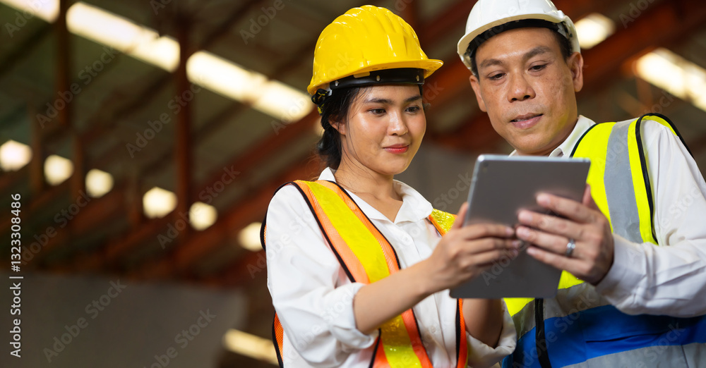 Obraz premium Professional Mechanical Engineer team Working on Personal Computer at metal sheet profiling industrial manufacturing factory. Product quality Inspection