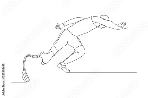 Continuous line of male amputee athlete runner with prosthetic legs run with motivation and passion competition. Single sketch drawing vector illustration 