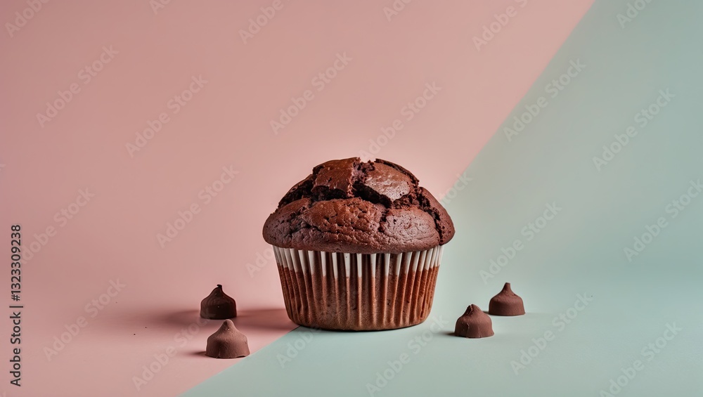 Chocolate muffin centered on a soft pastel pink and green background with scattered chocolate chips in a bright light setting. Chocolate muffin centered on a soft pastel pink and green background with scattered chocolate chips in a bright light setting.