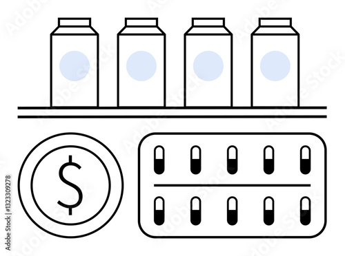 Four cartons on a shelf, pill blister pack, dollar sign symbolizing commerce, medicine, healthcare costs. Ideal for pharmacy, economics, retail, supply budgeting consumer habits flat simple