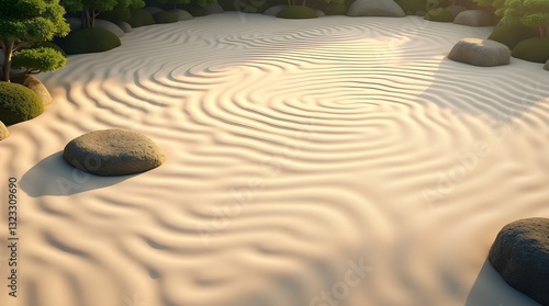 Serene Ripples In A Sun-drenched Zen Garden, Showcasing The Tranquility Of Raked Sand And Carefully Placed Stones, Evoking Peace And Mindfulness