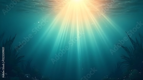 Sunbeams Pierce The Deep Oceans Mystery, Illuminating Silent Underwater Plants In A Serene, Teal-hued Dreamscape