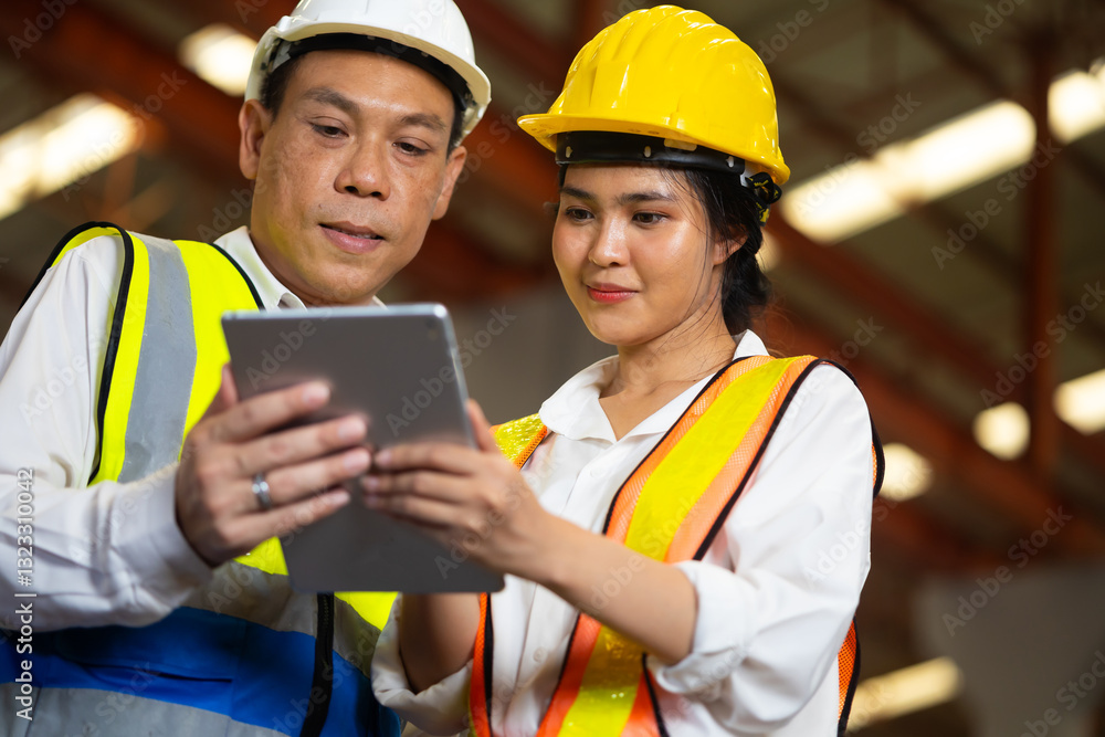 Obraz premium Trainee. Asian Factory worker training to apprentice colleague on production line in Heavy Industry Manufacturing Facility. Instructor with Trainee working at factory