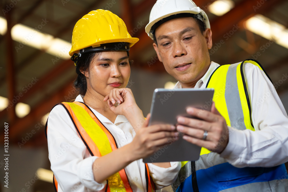 Trainee. Asian Factory worker training to apprentice colleague on production line in Heavy Industry Manufacturing Facility. Instructor with Trainee working at factory Trainee. Asian Factory worker training to apprentice colleague on production line in Heavy Industry Manufacturing Facility. Instructor with Trainee working at factory