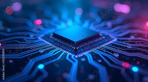 The Heart Of Digital Innovation Pulses With Vibrant Blue Energy, A Microchips Intricate Pathways Glowing Under Cool Neon Lighting