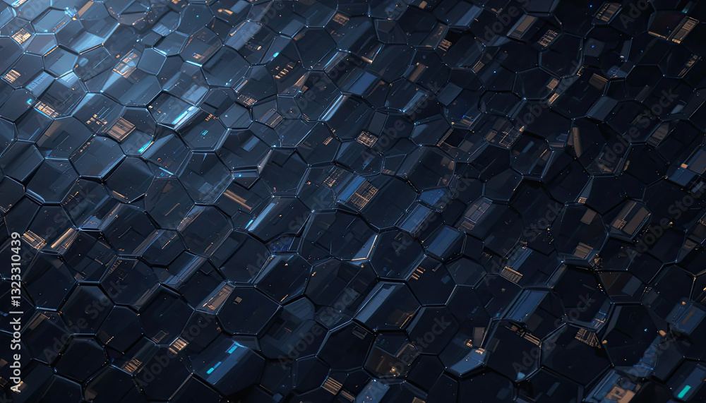 Fototapeta premium Futuristic Hexagonal Grid: A High-Tech Abstract Digital Artwork Featuring Dark Metallic Honeycomb Patterns, Glowing Reflections, and a Sci-Fi Cyberpunk Aesthetic for Modern Design