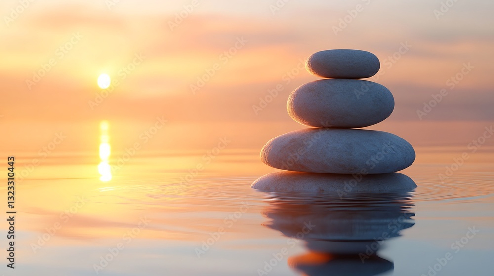 Serene Sunset Balanced Stones on Calm Water Serene Sunset Balanced Stones on Calm Water