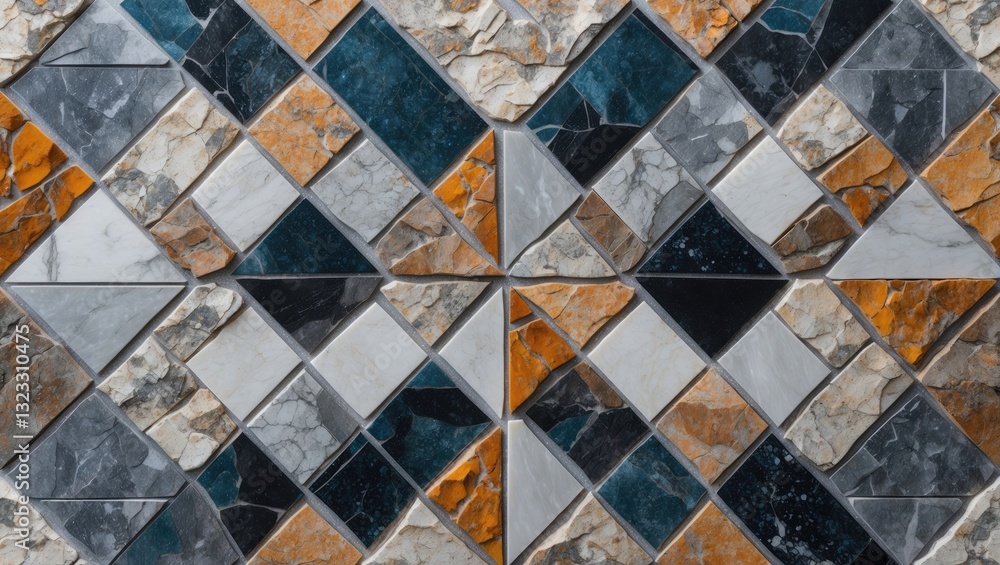 Intricate geometric mosaic tile pattern showcasing dark blue, gray, orange, and white stones arranged in a diamond layout for elegant interior decor. Intricate geometric mosaic tile pattern showcasing dark blue, gray, orange, and white stones arranged in a diamond layout for elegant interior decor.