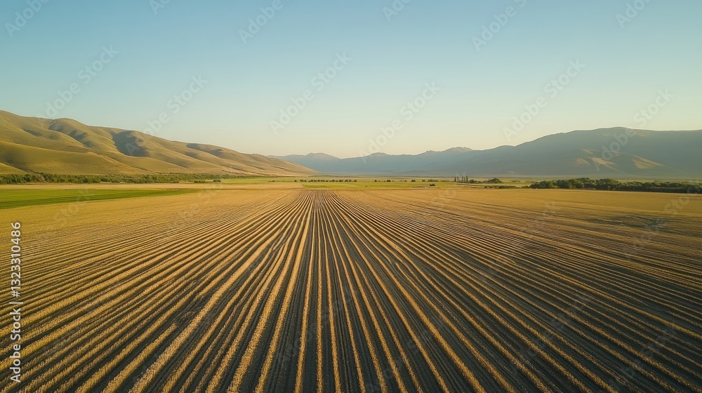 Aerial view of plowed fields, mountains in background Aerial view of plowed fields, mountains in background