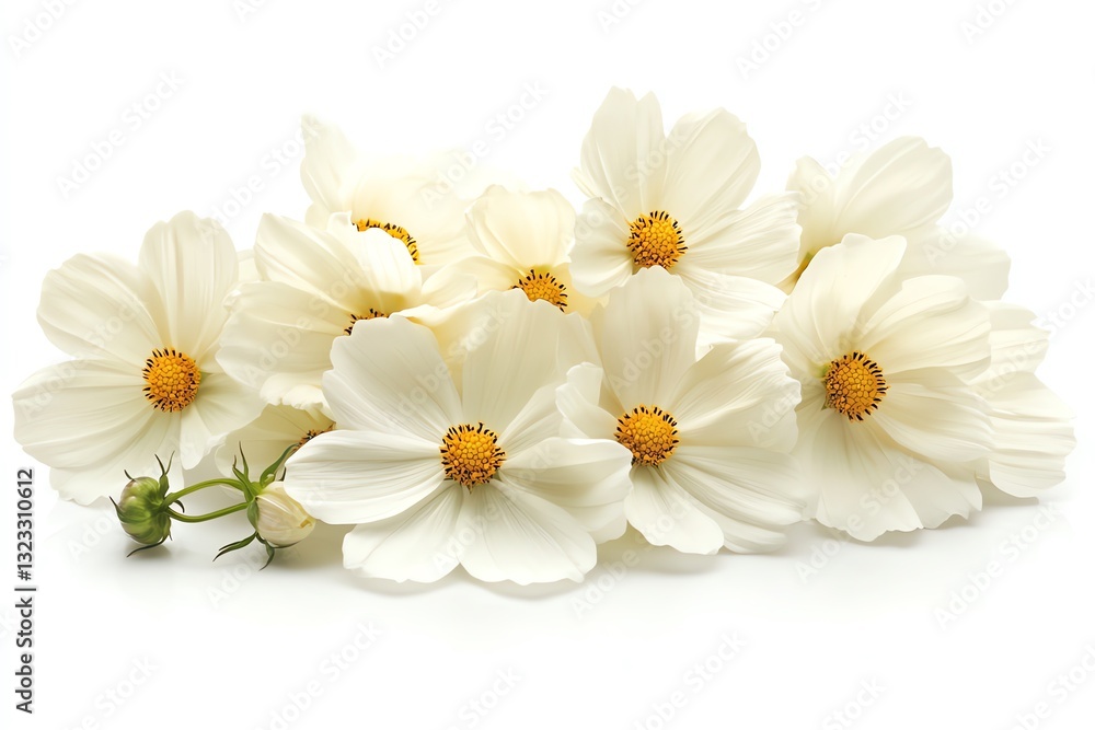 Fototapeta premium White Cosmos Flowers Arrangement Isolated on White Background Close-up