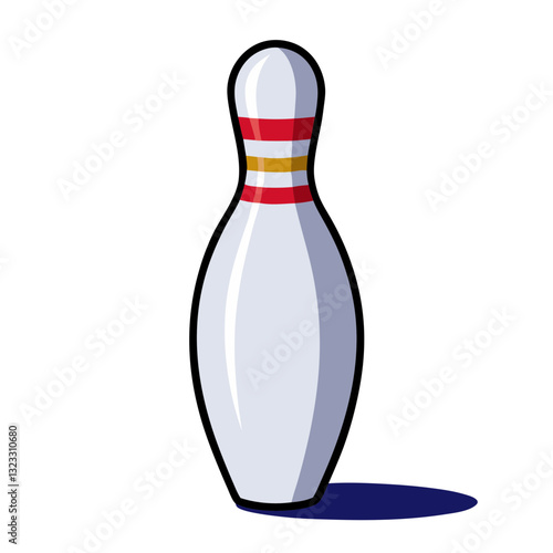 a cartoon illustration of a bowling pin with red and gold stripes on a light gray background with a blue shadow.