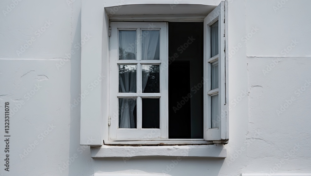 Fototapeta premium Open white window framed against a textured white wall with sheer curtains softly billowing in a gentle breeze creating a serene atmosphere.