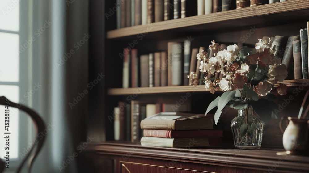 A bookshelf displays books and flowers with a window nearby A bookshelf displays books and flowers with a window nearby