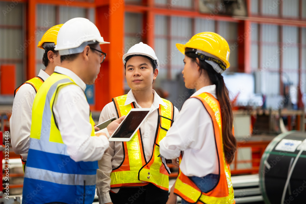 Unity and teamwork. Asian team engineer worker working control sheet metal roof tile roll forming machine at metal sheet profiling factory. Industrial production Unity and teamwork. Asian team engineer worker working control sheet metal roof tile roll forming machine at metal sheet profiling factory. Industrial production