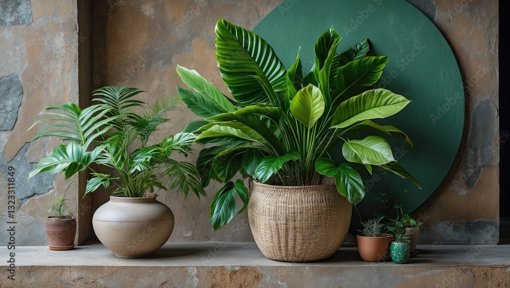 Fototapeta premium Lush green plants arranged on a rustic wooden shelf with a round green wall accent and textured brown background creating a tranquil atmosphere.