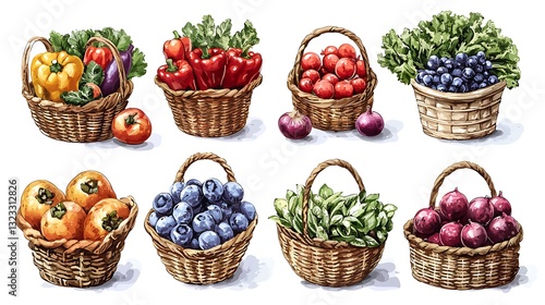 Colorful Baskets of Fresh Farm Produce  Fruits   Vegetables