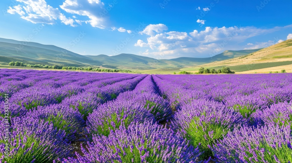 Naklejka premium Lavender field expanse, mountain backdrop, sunny day