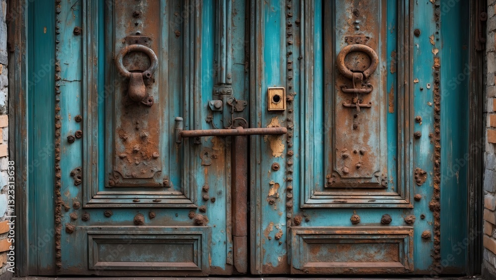 Weathered teal steel door with rust accents and ornate details, featuring a central locking mechanism and vintage knocker on a brick backdrop. Weathered teal steel door with rust accents and ornate details, featuring a central locking mechanism and vintage knocker on a brick backdrop.