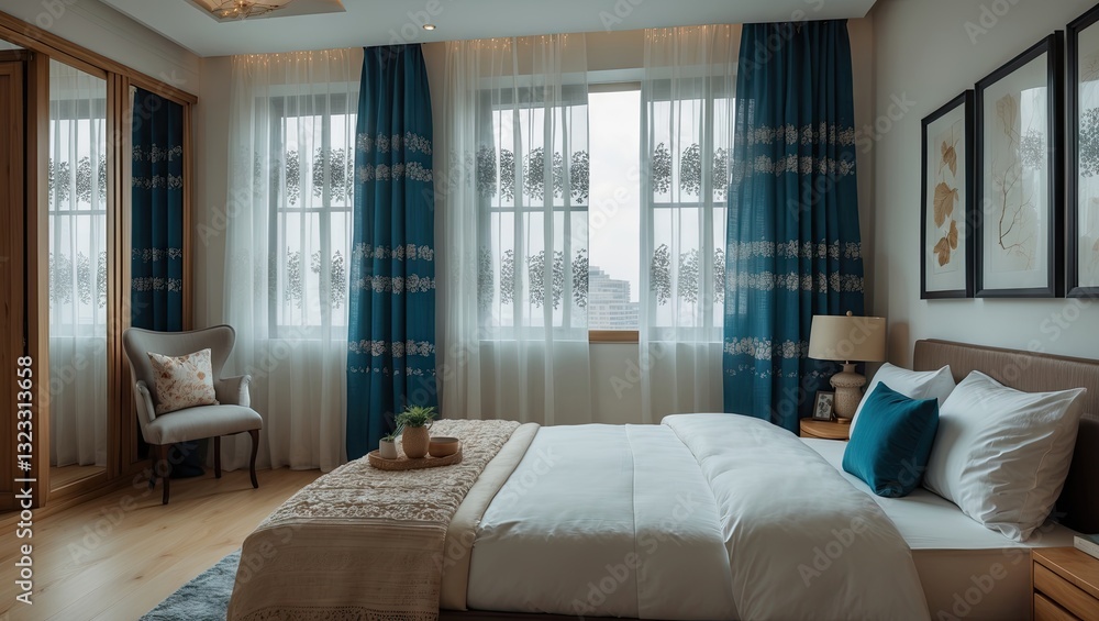 Fototapeta premium Cozy bedroom interior featuring white bed linens, wooden furniture, and blue curtains with sheer overlays near bright window with natural light.