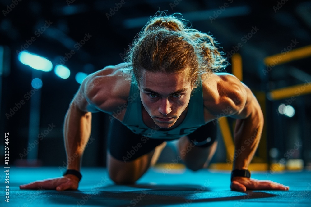 Fototapeta premium An athlete showcases remarkable strength and balance while performing a one-handed push-up in a dimly lit gym. The atmosphere is charged with energy, highlighting dedication to fitness