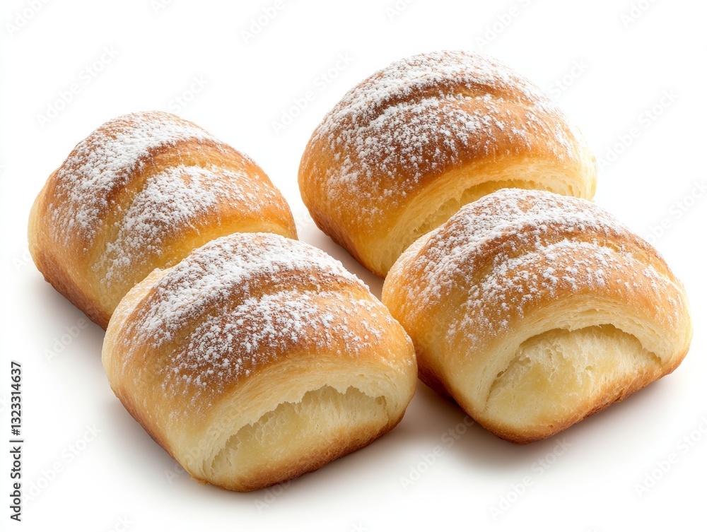 Freshly baked golden brown croissants with powdered sugar dusting on a white surface capturing the perfect blend of crisp texture and fluffy layers ideal for bakery advertising Freshly baked golden brown croissants with powdered sugar dusting on a white surface capturing the perfect blend of crisp texture and fluffy layers ideal for bakery advertising