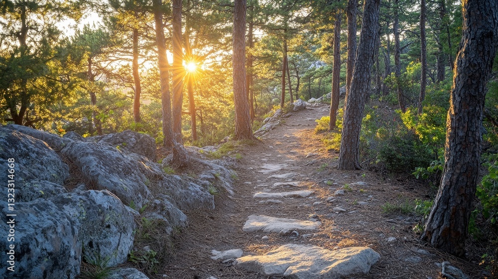 Fototapeta premium Sunlit forest path with rocky terrain and tall pine trees at sunset