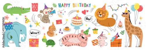 Happy birthday concept zoo animal vector set. Collection of elephant, lion, monkey, tiger, snake, balloon, gift, cake. Birthday party animal character illustration for greeting card, invitation, kids.