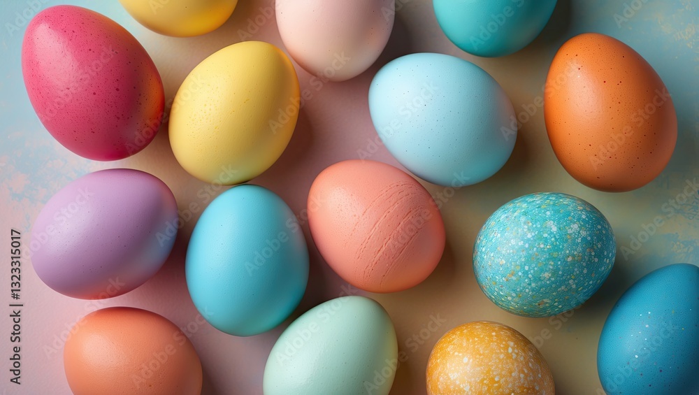 Colorful Easter eggs in shades of pink, blue, purple, orange, and yellow arranged on a pastel background for a vibrant spring celebration. Colorful Easter eggs in shades of pink, blue, purple, orange, and yellow arranged on a pastel background for a vibrant spring celebration.
