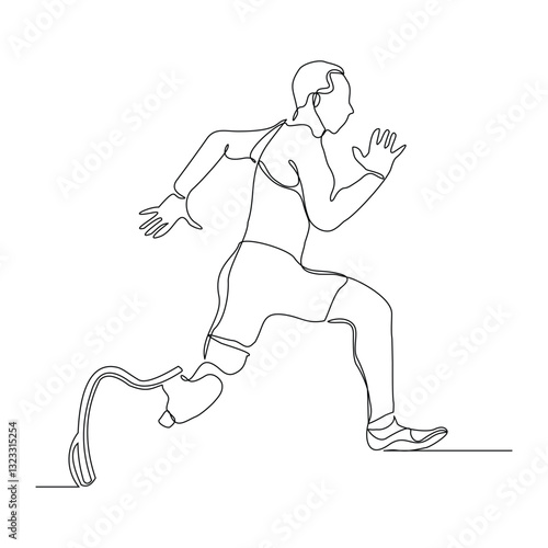 Continuous line of male amputee athlete runner with prosthetic legs run with motivation and passion competition. Single sketch drawing vector illustration 