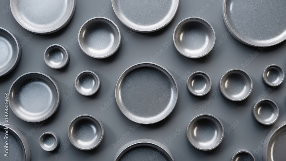 Grey textured backdrop featuring an arrangement of silver reflective circles in varying sizes, evenly distributed across the surface. Grey textured backdrop featuring an arrangement of silver reflective circles in varying sizes, evenly distributed across the surface.