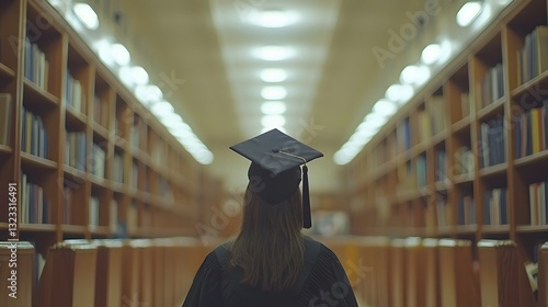 Focused student deep in thought while studying in a library surrounded by shelves filled with books and knowledge photo