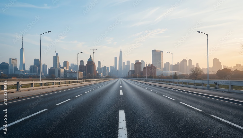 Fototapeta premium Serene Cityscape: An Empty Highway Leading to a Skyline at Dawn