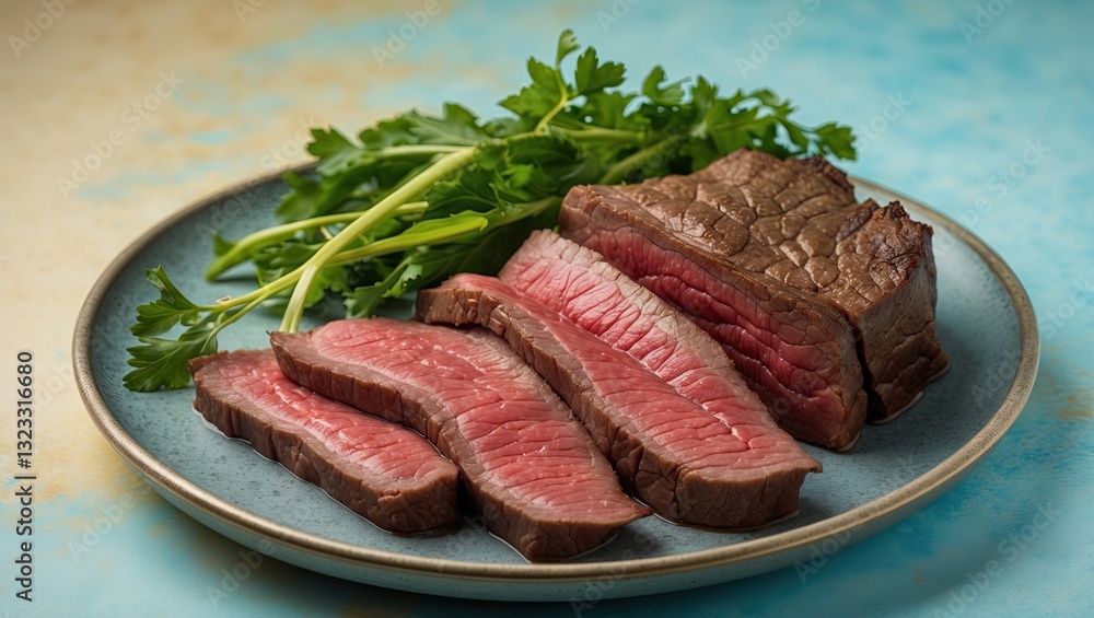 Juicy beef slices arranged on a blue plate with vibrant green parsley, set against a soft pastel background for a fresh culinary presentation. Juicy beef slices arranged on a blue plate with vibrant green parsley, set against a soft pastel background for a fresh culinary presentation.