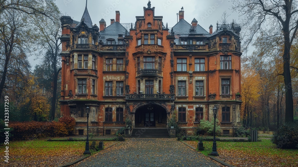 Fototapeta premium Majestic gothic mansion in autumn forest setting with overcast sky