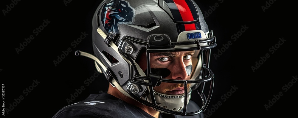 Football player wearing a helmet staring intently at the viewer Football player wearing a helmet staring intently at the viewer