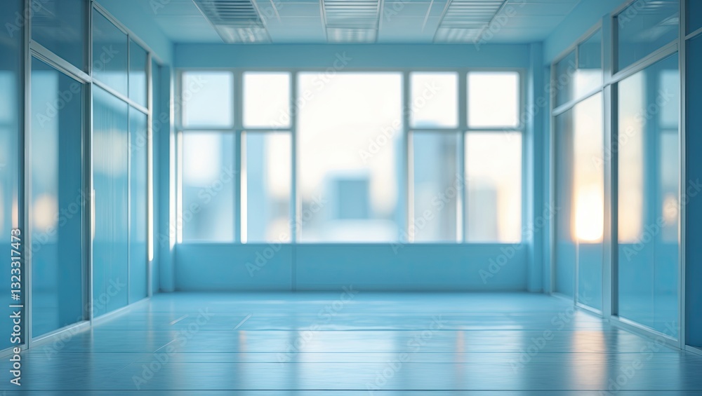 Fototapeta premium Light blue office interior with large windows reflecting light, minimalist design, ample copy space for text or graphics on the smooth floor area.